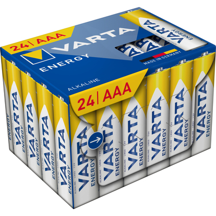 Packung mit 24 Varta Energy AAA/Micro Alkali-Batterien in gelber und blauer Verpackung.