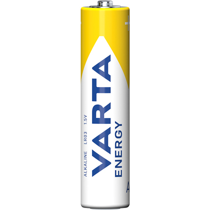 AAA-Batterie von Varta Energy in gelb-weißer Verpackung mit Beschriftung und Polung.