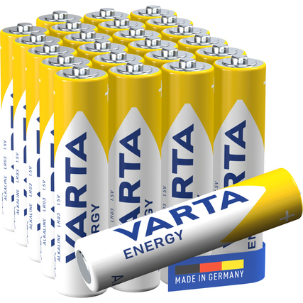 Packung mit mehreren AAA-Batterien der Marke Varta in gelb-blauem Design.