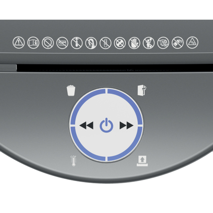 Bedienfeld eines Aktenvernichters mit Tasten und Symbolen für verschiedene Funktionen.