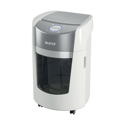 Elektrischer Aktenvernichter mit transparentem Behälter und intuitivem LED-Drehdisplay.