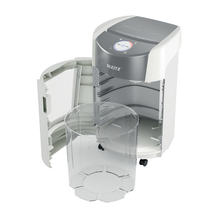 Aktenvernichter mit offenem Abfallbehälter und abnehmbarem, transparentem Auffangbehälter.