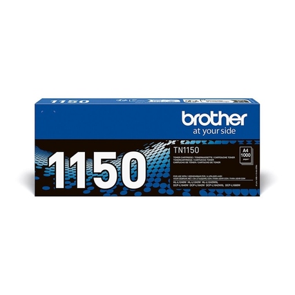 Schwarze Verpackung des Brother Toners TN-1150 mit blauer und schwarzer Gestaltung.