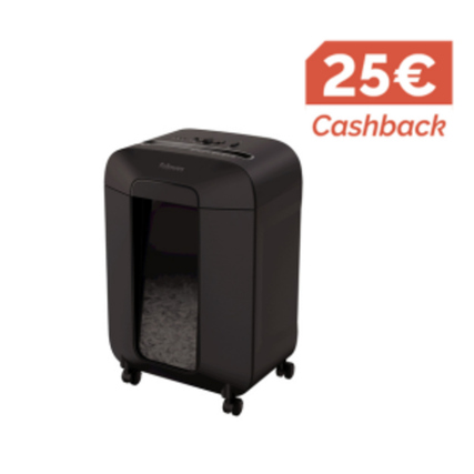Schwarzer Aktenvernichter mit sichtbarem Auffangbehälter und Cashback-Hinweis.