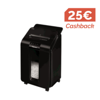 Schwarzer Aktenvernichter mit herausziehbarem Müllbehälter und Cashback-Hinweis.