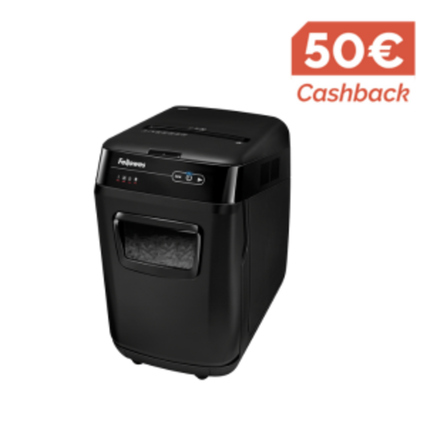 Schwarzer Aktenvernichter mit Sichtfenster und Cashback-Info in der oberen rechten Ecke.