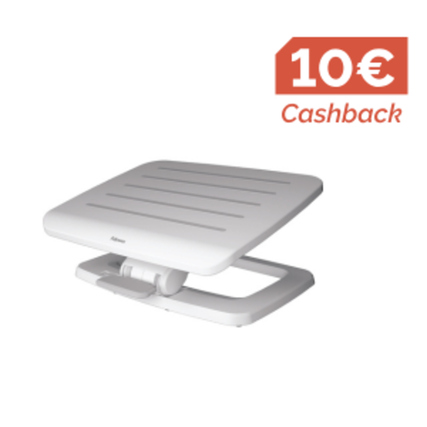 Weiße ergonomische Fußstütze mit verstellbarer Höhe und Cashback-Hinweis.