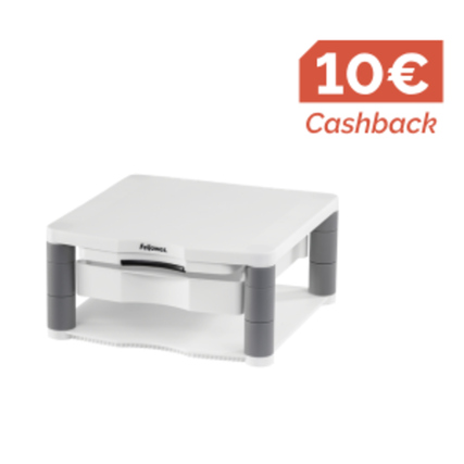 Monitorständer in Weiß mit grauen Beinen und Cashback-Hinweis in der oberen Ecke.