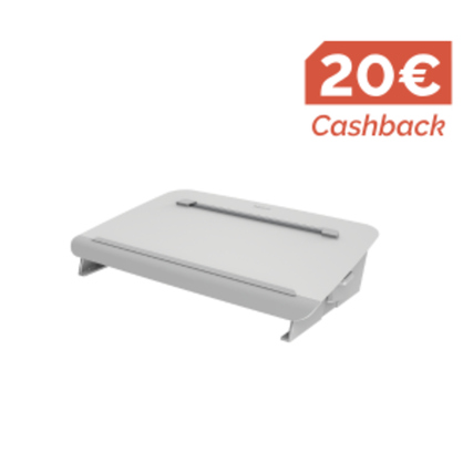 Konzepthalter in Weiß mit einer abnehmbaren Plattform und Hinweis auf 20€ Cashback.