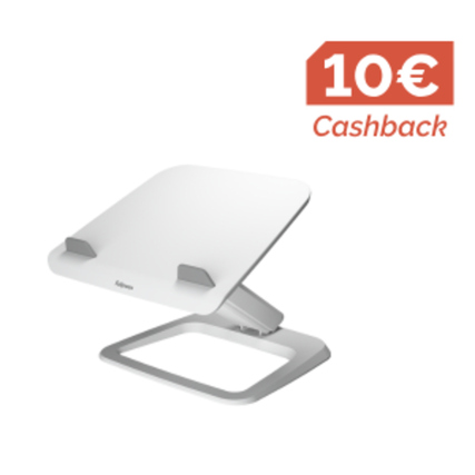 Weißer Laptopständer mit höhenverstellbarem Design und Cashback-Hinweis.