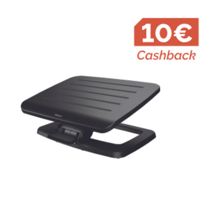 Schwarze Fußstütze mit zwei Höhenverstellungsoptionen und Cashback-Hinweis im Bild.