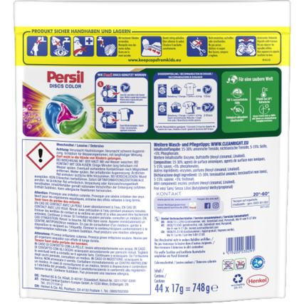 Packung mit Persil Waschmittel Color 4in1 DISCS in Rückansicht, inklusive Anwendungshinweisen.
