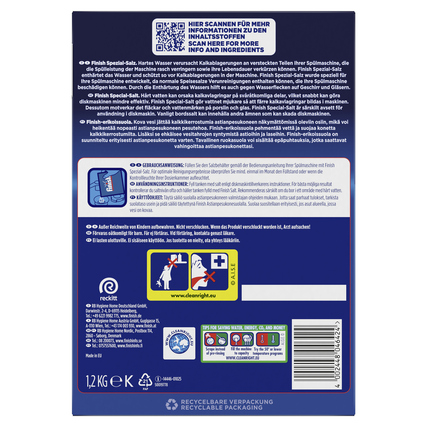 Packung von FINISH Spülmaschinensalz mit Rückansicht und Inhaltsinformationen.