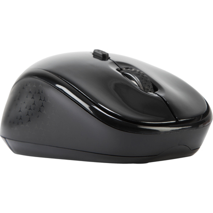 Schwarze optische PC-Maus mit seitlichen Strukturen und einem Scrollrad, seitliche Ansicht.