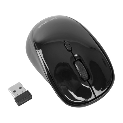 Schwarze optische PC-Maus mit USB-Empfänger im Seitenansicht.