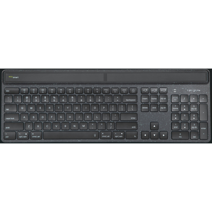 Schwarze Tastatur mit Solarzellen und Bluetooth-Verbindung, aus der Vogelperspektive.