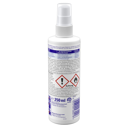 Hygiene-Spray in 250 ml Flasche, zeigt Rückansicht mit Gebrauchsanweisung und Warnhinweisen.