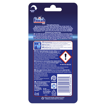 Produktpackung des FINISH Spülmaschinen-Deo mit Rückansicht und Gebrauchsanweisung.