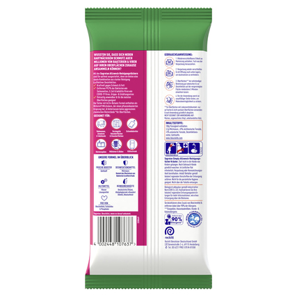 Rückansicht der Sagrotan Reinigungstücher mit Produktinformationen und Inhaltsstoffen.