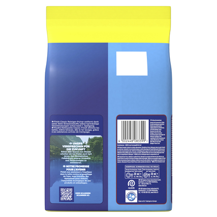 Rückansicht einer Verpackung von Spülmaschinenpulver mit blauem Design und gelber Oberkante.