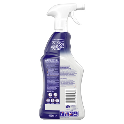 Rückansicht einer Flasche Sagrotan Allzweckreiniger mit Sprühkopf und Produktinformationen.