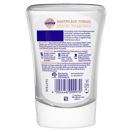 Flasche mit Flüssigseife, rückseitige Ansicht, Informationen zu Inhaltsstoffen und Anwendung.