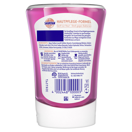 Flüssigseife in pinker Verpackung mit Beschreibung und Inhaltsstoffen auf der Rückseite.
