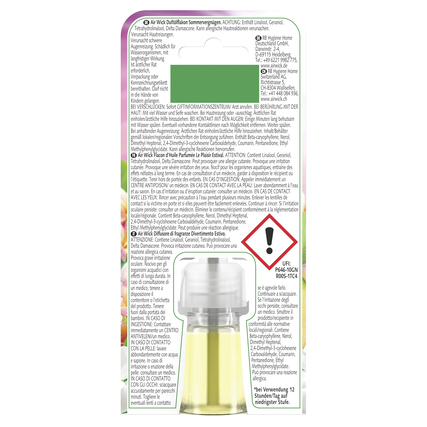 Nachfüllpack für Lufterfrischer mit sichtbarem Inhalt und Sicherheitswarnung auf der Rückseite.