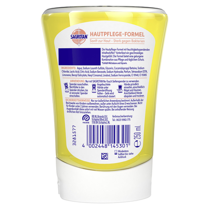 Flüssigseife in gelbem Nachfüllbehälter mit rückseitiger Inhaltsstoffangabe.