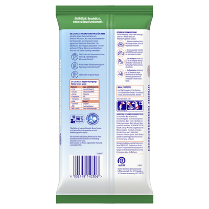 Rückansicht der Verpackung von Sagrotan Desinfektionstüchern mit Nährwert- und Gebrauchshinweisen.