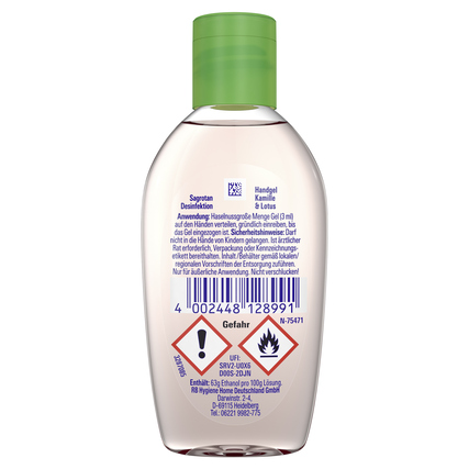 Handdesinfektionsgel in flacher, runder Flasche mit grünem Deckel und Hinweis zur Anwendung.