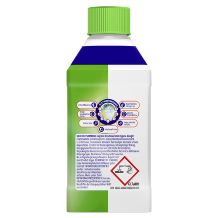 Waschmaschinenreiniger in einer grünen und blauen Flasche mit Dosierspitze und Warnhinweisen.