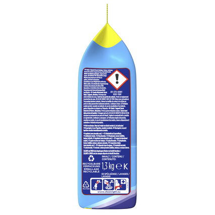 Rückansicht einer Verpackung mit den Inhaltsstoffen und Gebrauchshinweisen für Spülmaschinenpulver.