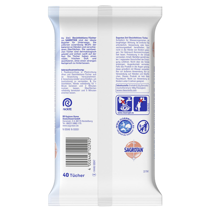 Packung mit 40 Desinfektionstüchern, abgebildet von der Rückseite mit Produktinformationen.