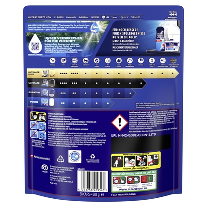 Packungsrückseite von Finish Spülmaschinentabs Quantum Fresh mit Produkthinweisen und Warnsymbolen.