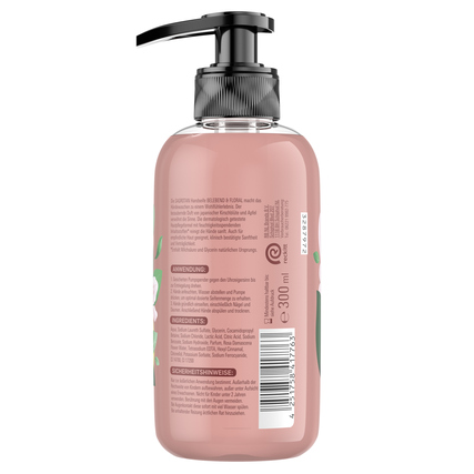 Flüssigseife im Pumpflakon mit Duftnote Kirschblüte, rosa Verpackung und Inhaltsstoffliste.