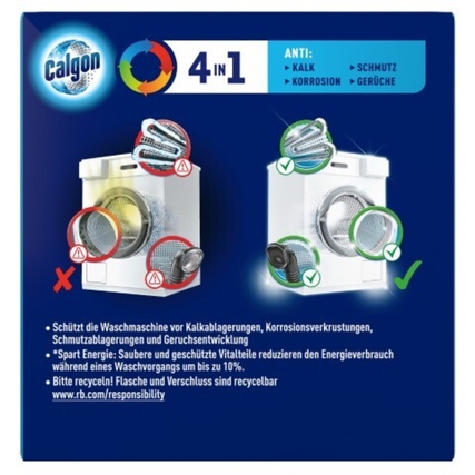 Calgon Waschmaschinenreiniger 4in1 in Verpackung mit Symbolen zu Schutz gegen Kalk und Schmutz.