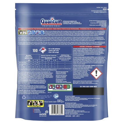 Rückansicht der Verpackung mit Spülmaschinentabs, Angaben zu Inhalt und Anwendung.