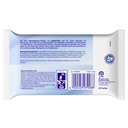 Packung mit 15 Sagrotan Desinfektionstüchern To Go in Rückansicht, inklusive Gebrauchsanweisung.