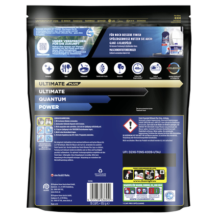 Packung von FINISH Spülmaschinentabs Ultimate Plus Citrus mit Nährwert- und Anwendungshinweisen.