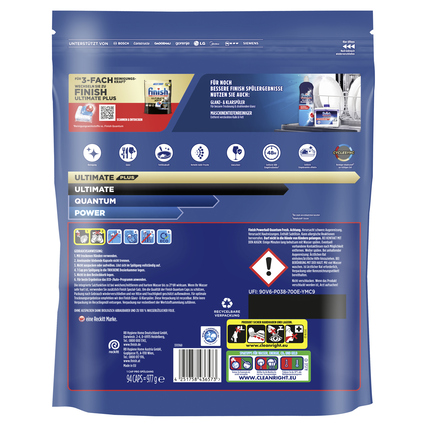 Blaues Verpackungsdesign mit Spülmaschinentabs und Produktinformationen auf der Rückseite.