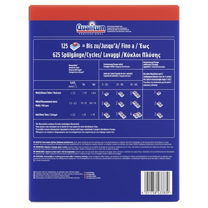 Rückansicht der Verpackung mit 125 Spülmaschinentabs und den Anwendungshinweisen.