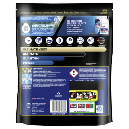 Rückansicht der Verpackung von Spülmaschinentabs mit Produktinformationen und Symbolen.