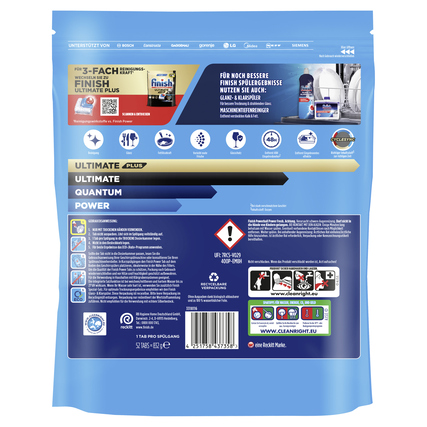 Spülmaschinentabs in blauer Verpackung mit Informationen auf Vorder- und Rückseite.