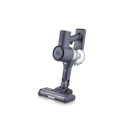 Beutelloser Bodenstaubsauger in grauer Farbe mit vertikalem Parksystem und LED-Beleuchtung.