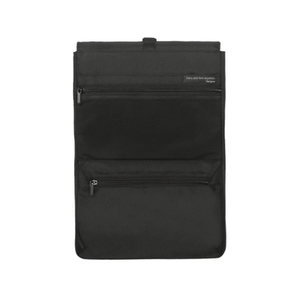 Schwarzer Notebookrucksack mit mehreren Reißverschlusstaschen, Frontansicht.