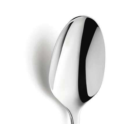 Ein glänzender Löffel mit halbrunder Schaufelansicht vor einem weißen Hintergrund.