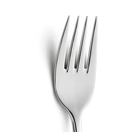 Edelstahlgabel mit vier Zinken, auf weißem Hintergrund, frontal abgebildet.