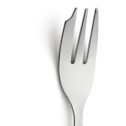 Kuchengabel mit zwei Zinken und einem abgerundeten Design, aus glänzendem Edelstahl.