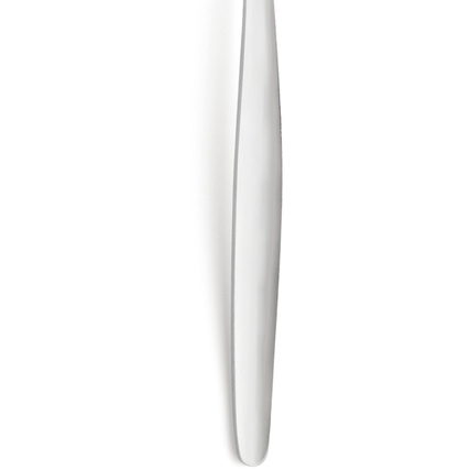 Lange, schmale Seitenansicht eines silbernen Löffels mit einer schlichten, eleganten Form.
